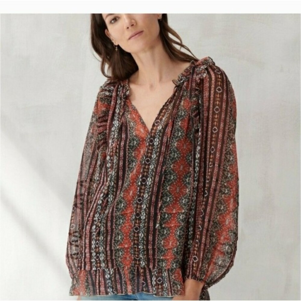 Lucky Brand Floral Boho Fall Ruffle Pleated Top + Cami Large Balloon Sleeve Shee